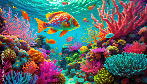 Underwater coral reef, colorful marine life, realistic, vibrant fish and corals, detailed  © Bounpaseuth