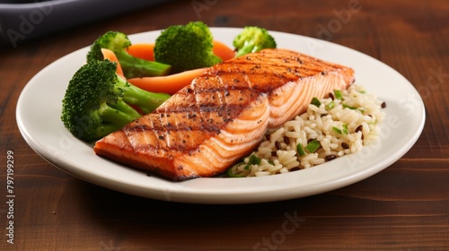 Balanced meal for the healthconscious featuring proteinrich grilled salmon and a hearty portion of vegetables, with a focus on rich brown whole grains