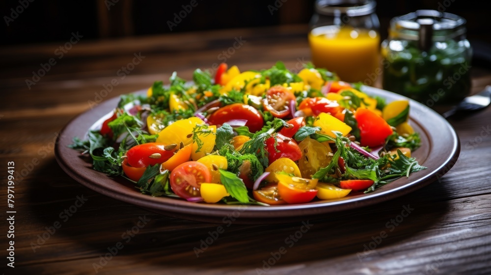 Bright and colorful presentation of a fresh vegetable salad with homemade dressing, accentuated with vibrant yellow tomatoes, on a rustic wooden table