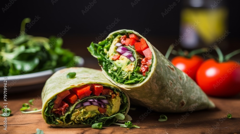 Bright green vegan wrap, filled with a mix of avocado, kale, and green bell peppers, rolled tightly in a spinach tortilla for a nutritious and appealing meal