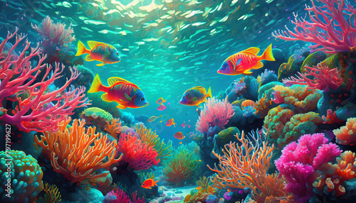 Underwater coral reef, colorful marine life, realistic, vibrant fish and corals, detailed 