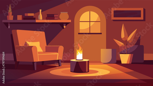 A cozy living room illuminated by the warm glow of a luxurious vanillascented candle.. photo