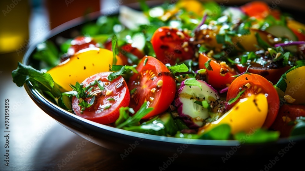 Closeup of a vibrant, fresh vegetable salad, drizzled with homemade dressing, highlighting the bright greens and health benefits