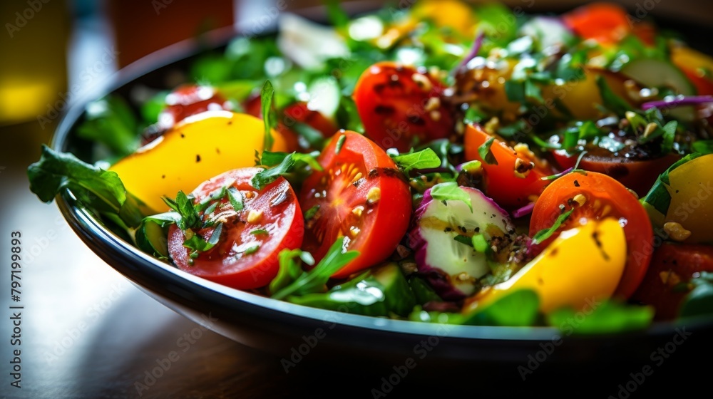 Closeup of a vibrant, fresh vegetable salad, drizzled with homemade dressing, highlighting the bright greens and health benefits Closeup of a vibrant, fresh vegetable salad, drizzled with homemade dressing, highlighting the bright greens and health benefits