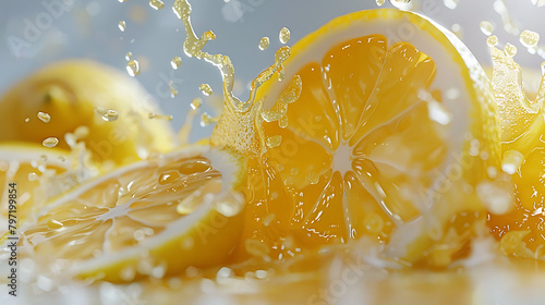 Lemon oil or lemon juice splash with fresh limon fruit isolated on white background, 