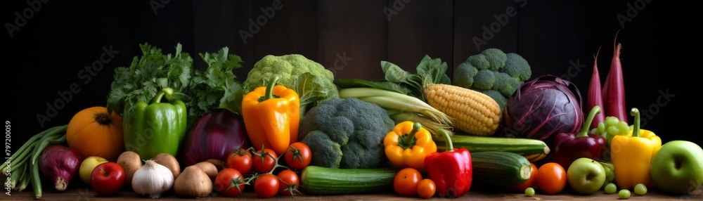 Closeup of fresh vegetables and fruits with a focus on their natural, earthy hues, set against a backdrop of brown wooden crates Closeup of fresh vegetables and fruits with a focus on their natural, earthy hues, set against a backdrop of brown wooden crates