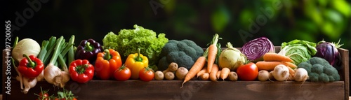 Closeup of fresh vegetables and fruits with a focus on their natural  earthy hues  set against a backdrop of brown wooden crates