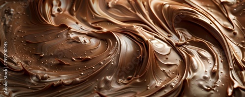 Close-up of smooth swirled chocolate texture, ideal for luxurious food background