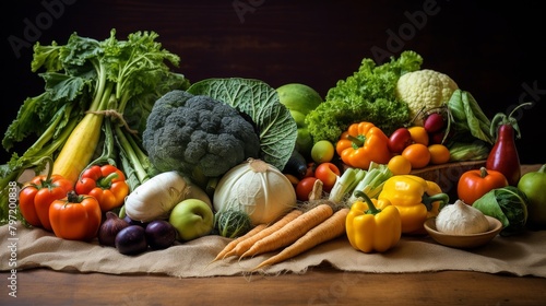 Earthy, natural farm produce arranged neatly on a burlap cloth, showcasing a variety of textures and colors that highlight organic farming