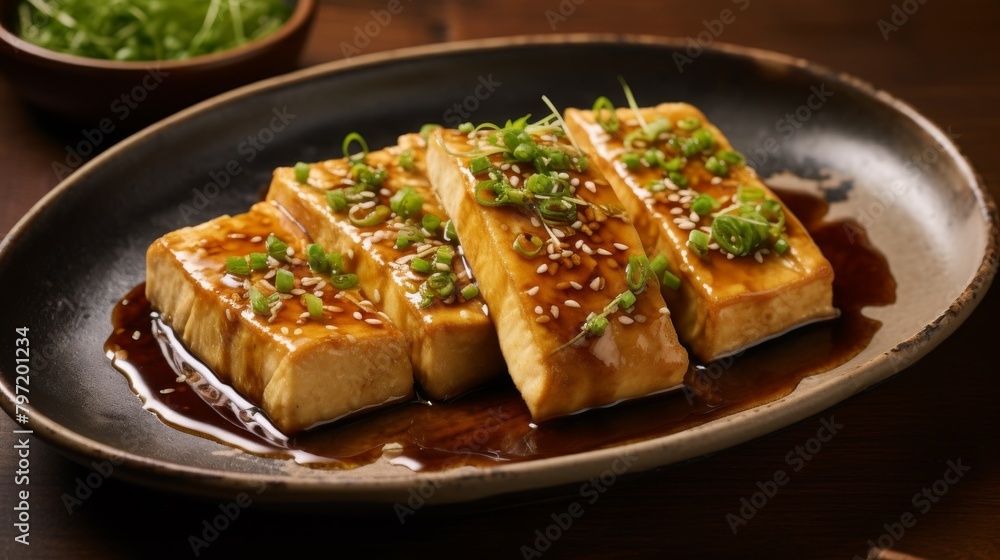 Expertly crafted tofu steak, infused with a garlic and soy sauce marinade, cooked to tender perfection, and plated with a soft beige aesthetic Expertly crafted tofu steak, infused with a garlic and soy sauce marinade, cooked to tender perfection, and plated with a soft beige aesthetic