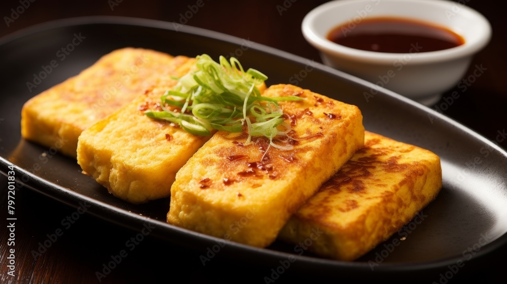 Gourmet tofu steak, delicately fried with a crisp coating of almond flour, offering a soft interior and a delicious, warm brown exterior Gourmet tofu steak, delicately fried with a crisp coating of almond flour, offering a soft interior and a delicious, warm brown exterior