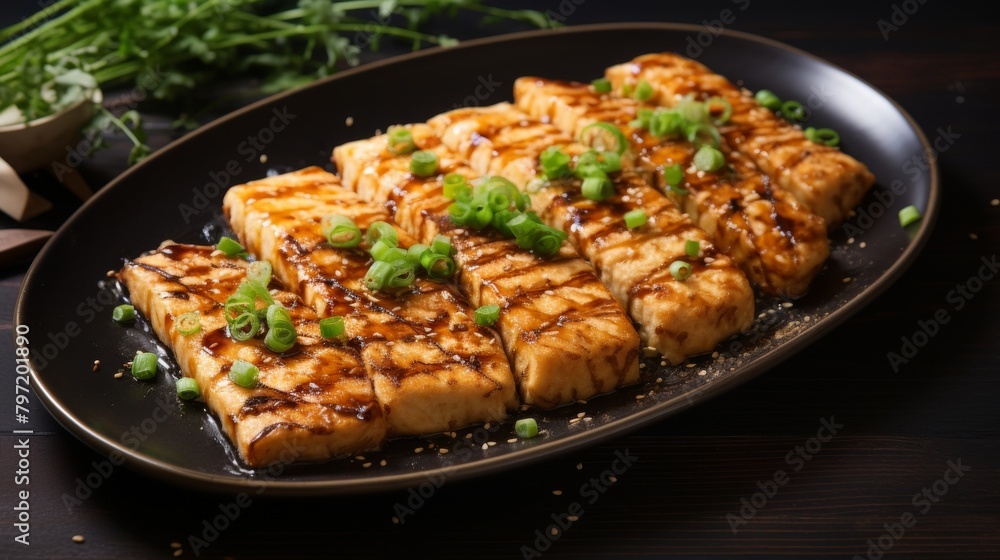 Gourmet tofu steak, delicately fried with a crisp coating of almond flour, offering a soft interior and a delicious, warm brown exterior Gourmet tofu steak, delicately fried with a crisp coating of almond flour, offering a soft interior and a delicious, warm brown exterior