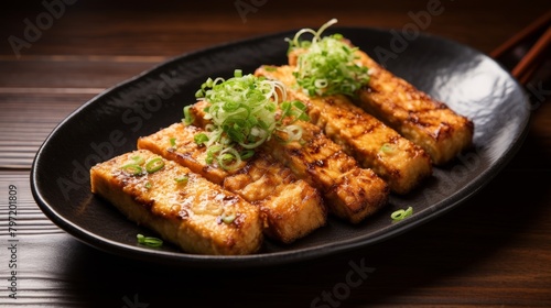 Gourmet tofu steak, delicately fried with a crisp coating of almond flour, offering a soft interior and a delicious, warm brown exterior © kitidach