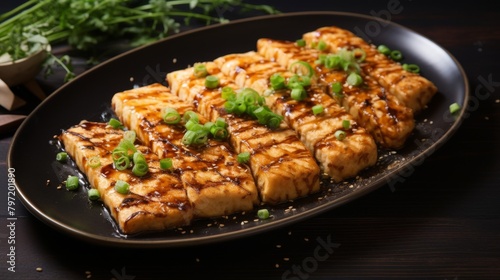 Gourmet tofu steak  delicately fried with a crisp coating of almond flour  offering a soft interior and a delicious  warm brown exterior