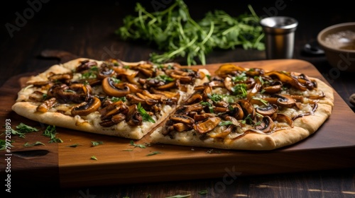 Gourmet vegan flatbread topped with caramelized onions, mushrooms, and vegan cheese, featuring earthy browns for a sophisticated, appealing look