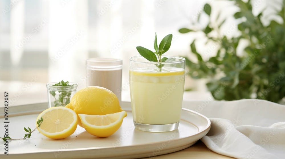 Fototapeta premium Healthboosting pale yellow green tea infused with lemon, paired with a light yellow probiotic yogurt drink, both served in clear glassware