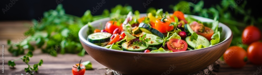 Healthy eating concept with a freshly prepared vegetable salad, rich in bright greens and complemented by a light, homemade dressing Healthy eating concept with a freshly prepared vegetable salad, rich in bright greens and complemented by a light, homemade dressing