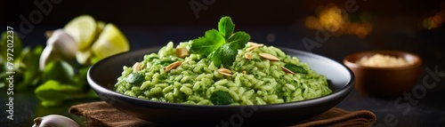 Healthy and wholesome green risotto, fusing Italian cooking techniques with Thai flavors, using green curry paste and arborio rice garnished with cilantro photo