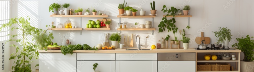Home kitchen setup with a dedicated area for organic fruits and vegetables, featuring hanging lush green plants and open shelving for easy access