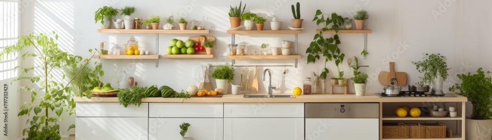 Home kitchen setup with a dedicated area for organic fruits and vegetables, featuring hanging lush green plants and open shelving for easy access Home kitchen setup with a dedicated area for organic fruits and vegetables, featuring hanging lush green plants and open shelving for easy access