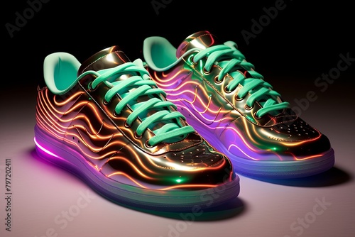 Holographic Neon Wavy Stripes Custom Sneakers: Vibrant Footwear Art