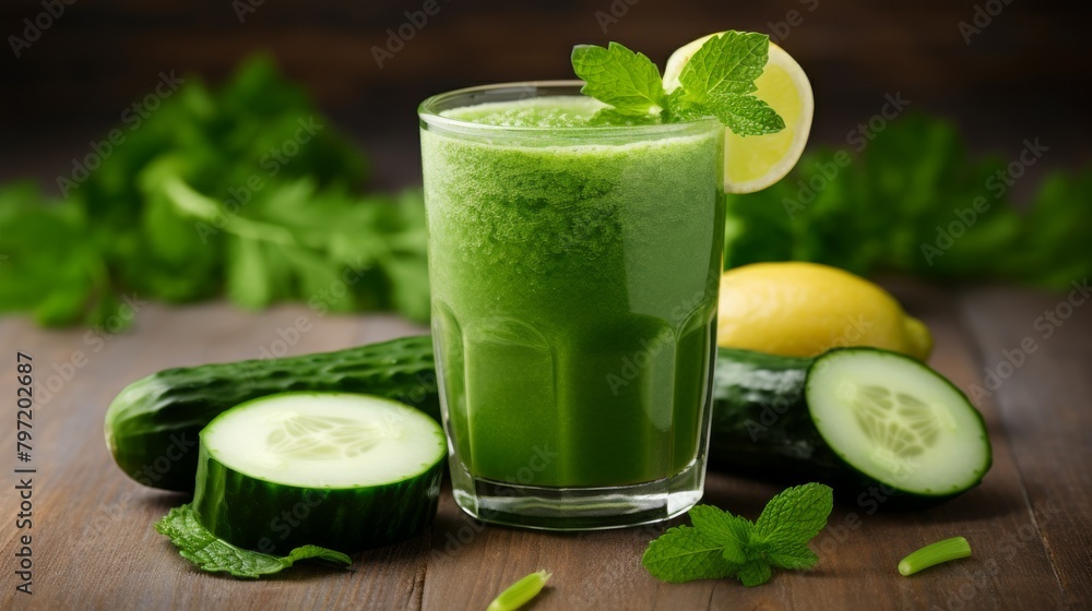 Intense detox shot crafted from cucumber, celery, and green apple, with a vibrant green hue, ideal for a postworkout refresh Intense detox shot crafted from cucumber, celery, and green apple, with a vibrant green hue, ideal for a postworkout refresh