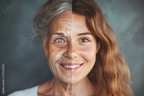 Wrinkle reduction and skin renewal featured in two-face lift, underlining halves of proactive skincare expression, mental care, young cosmetic enhancement, and emotional health.