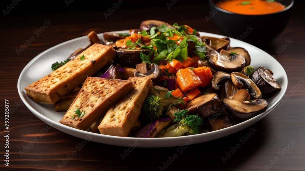 Nutrientdense meal of baked tofu and mixed vegetables, featuring rich brown mushrooms and whole grain bread, perfect for healthconscious eaters Nutrientdense meal of baked tofu and mixed vegetables, featuring rich brown mushrooms and whole grain bread, perfect for healthconscious eaters