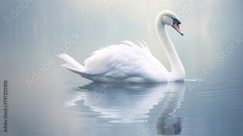 A graceful swan gliding across a tranquil lake  its pristine white feathers reflected perfectly in the still waters below