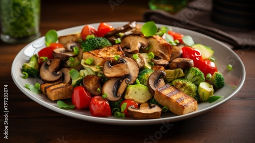Nutrientdense meal of baked tofu and mixed vegetables, featuring rich brown mushrooms and whole grain bread, perfect for healthconscious eaters photo
