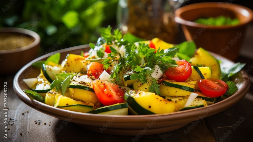 Nutritious and eyecatching fresh salad with homemade dressing, highlighting vibrant yellow squash among other fresh vegetables, ideal for a healthconscious diet