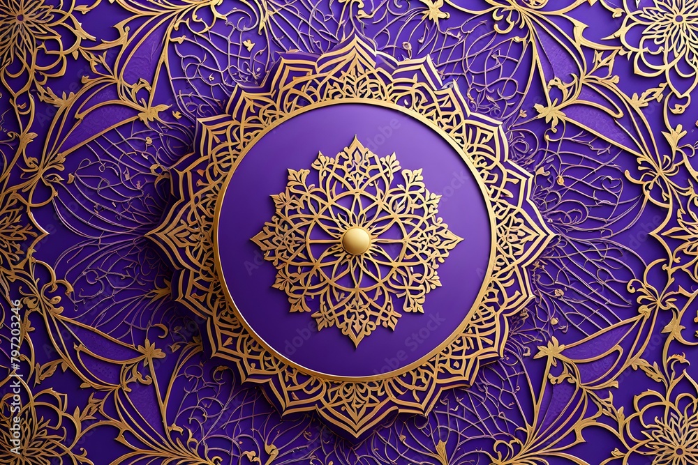A gold and purple background with a gold circle in the center