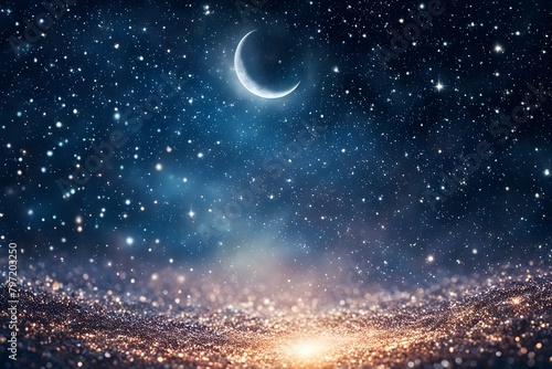 A starry night sky with a crescent moon in the center