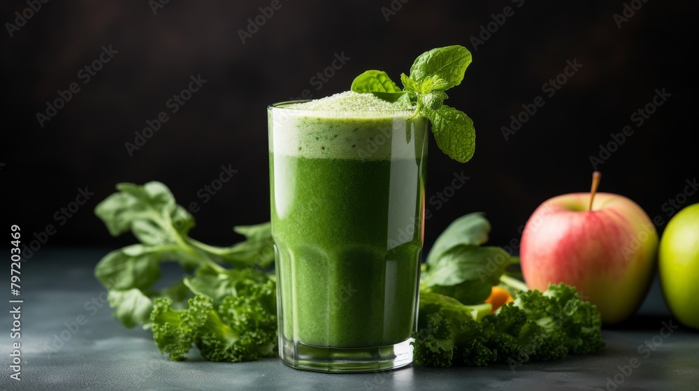 Nutritious fruit and vegetable smoothie, blended with bright green kale, spinach, and apple, served in a tall glass, garnished with a sprig of mint Nutritious fruit and vegetable smoothie, blended with bright green kale, spinach, and apple, served in a tall glass, garnished with a sprig of mint