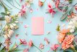 Stylish elegant flat lay pastel colors floristic greeting invitation post card, copy space mockup.