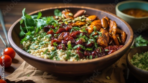 Nutritious dairyfree and glutenfree quinoa bowl, featuring warm brown tones from roasted almonds and sundried tomatoes, garnished with fresh herbs