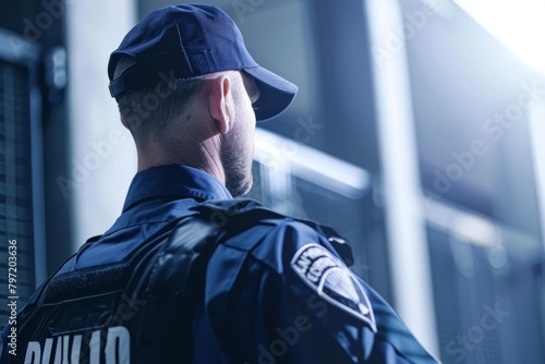 Security guard professional safety patrol man police employee mall safe business protect serve confident authority public space secure guarding agent staff shop convenience store grocery