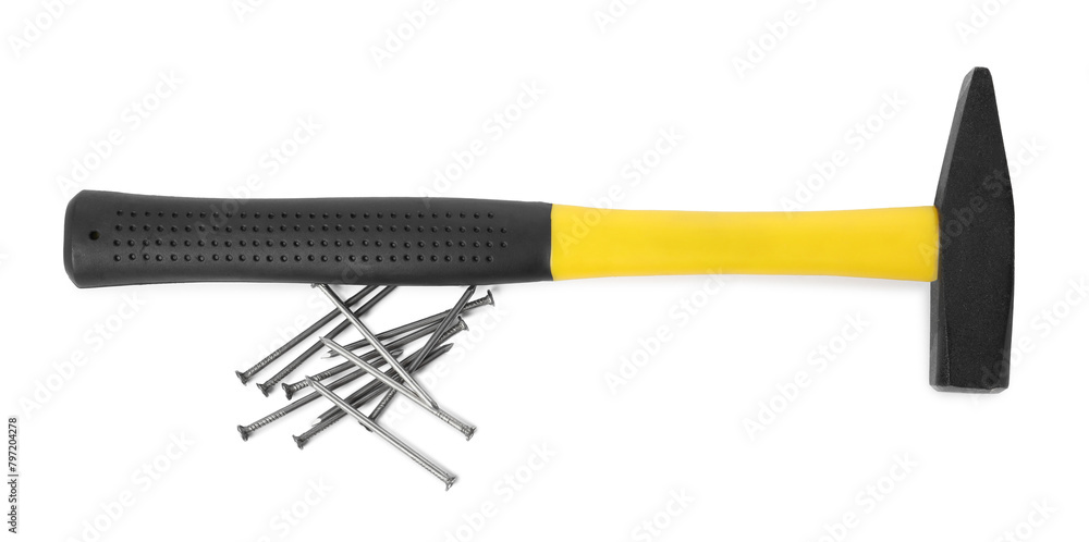 Hammer and metal nails isolated on white, top view Hammer and metal nails isolated on white, top view