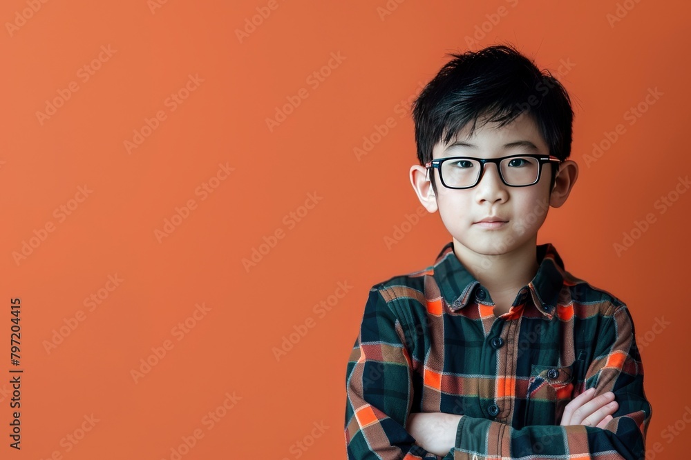 portrait of an asian boy posing on a one color background - generative ai