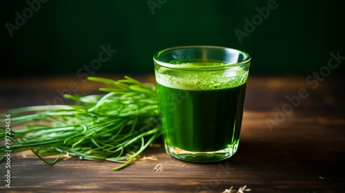 Small but powerful shot of wheatgrass and spirulina, delivering a punch of vibrant green color and detoxifying benefits in one sip photo