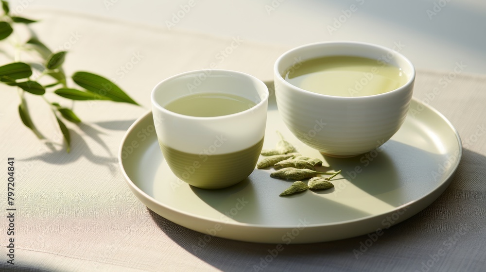 Soothing green tea served in a delicate ceramic cup, accompanied by a soft green probiotic drink, creating a calming beverage duo Soothing green tea served in a delicate ceramic cup, accompanied by a soft green probiotic drink, creating a calming beverage duo