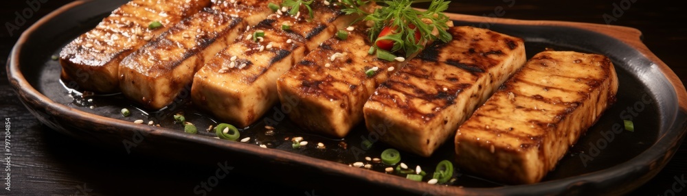 Succulent tofu steak, expertly marinated in a savory blend and grilled to achieve optimal tenderness, presented in appealing soft beige tones Succulent tofu steak, expertly marinated in a savory blend and grilled to achieve optimal tenderness, presented in appealing soft beige tones