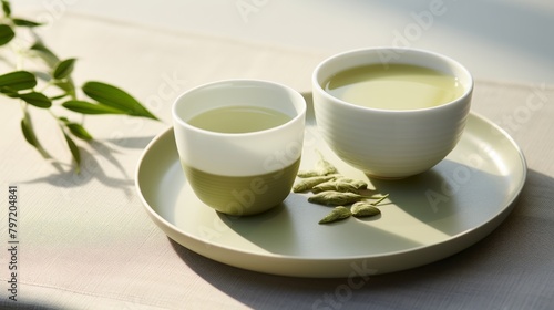 Soothing green tea served in a delicate ceramic cup  accompanied by a soft green probiotic drink  creating a calming beverage duo