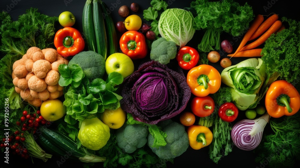 Top view of a colorful arrangement of unprocessed vegetables and fruits, set against a background of lush green leaves, symbolizing freshness and natural diet