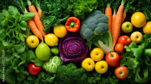 Top view of a colorful arrangement of unprocessed vegetables and fruits  set against a background of lush green leaves  symbolizing freshness and natural diet