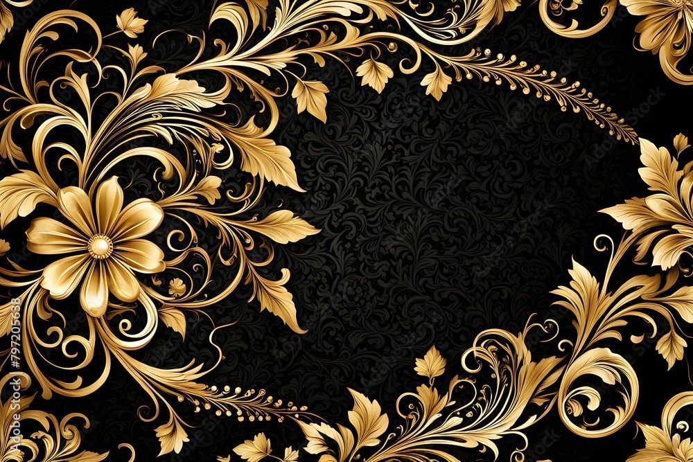 A gold and black floral design with a black background