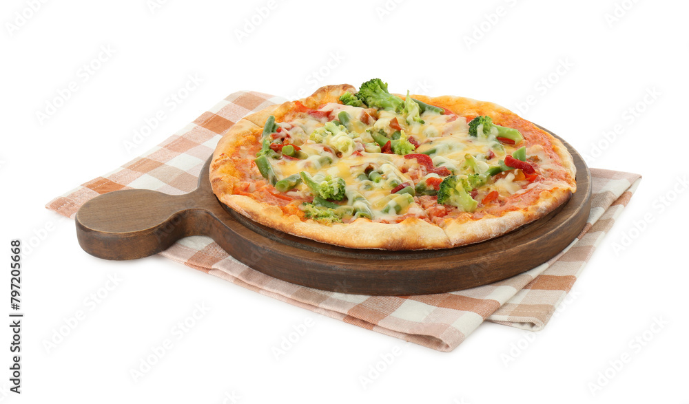 Board with delicious vegetarian pizza isolated on white Board with delicious vegetarian pizza isolated on white