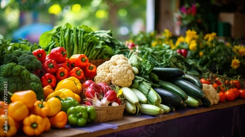 Vibrant farmers market display with an array of fresh  unprocessed vegetables and fruits  showcasing lush greenery and natural colors