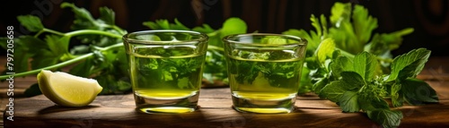 Vibrant green herbal shot combining dandelion greens and cilantro, known for their detoxifying properties, served in a clear shot glass