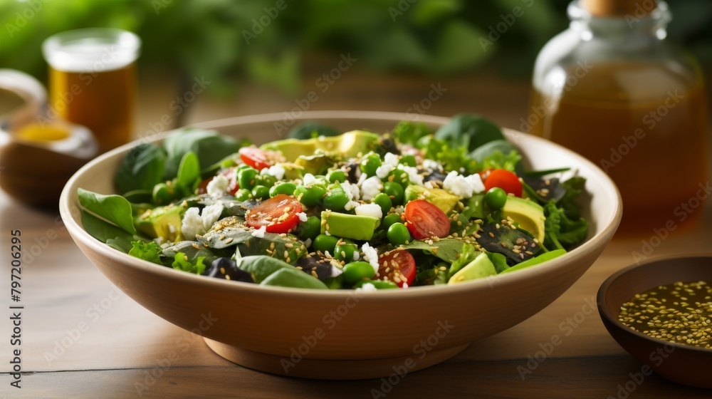 Wholesome fusion salad blending Greek and Japanese elements, featuring rich green spinach, edamame, and feta, dressed in a light miso vinaigrette